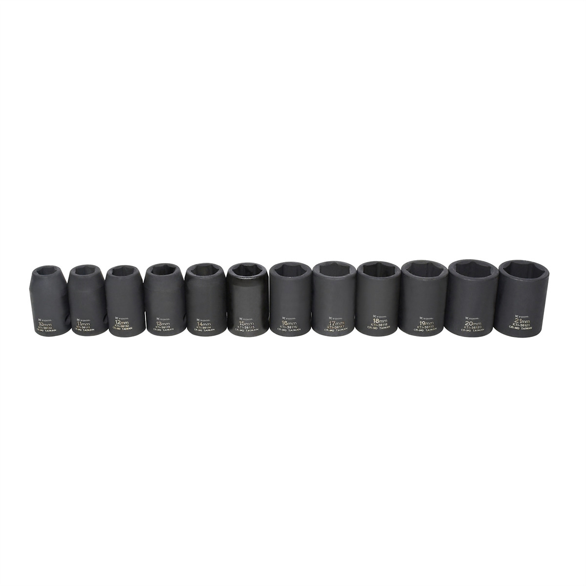 K-Tool International Impact Socket Set — 12-Piece, Thin Wall, 1/2in. Drive, 10mm to 21mm, Chrome Moly Steel, Model# KTI38100